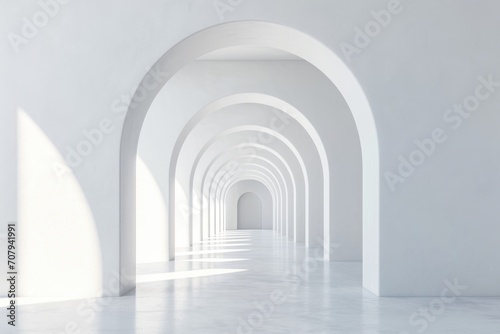 Modern White Concrete Gallery Interior with Archways and Mock Up Wall. 3D Rendering for Home Design and Exhibition Advertisement