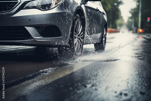 Car hydroplaning on a wet road in heavy rain - with visible skid marks and water spray - causing other drivers to slow down.