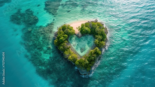  An aerial view of a paradise island shaped like a heart, creating a romantic and dreamy atmosphere for a perfect holiday getaway.