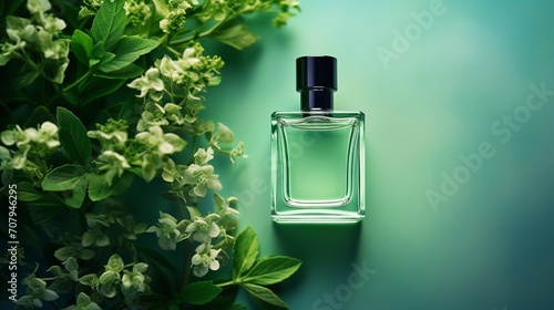 Green backdrop with a simple glass perfume bottle containing mint, top view, space, Generative AI.