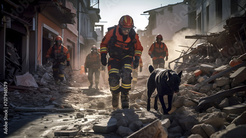 Rescue team with their K9 search and rescue dogs. mobilize in search of earthquake survivors amid the rubble of a collapsed building