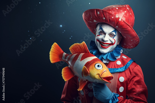 A funny clown in a huge stupid hat holds a big fish in his hand on a blue background. The concept of April Fool's Day on April 1st, on the left there is a place for text