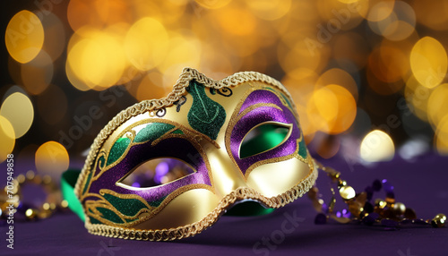 Shiny gold costume masks illuminate Mardi Gras celebration generated by AI