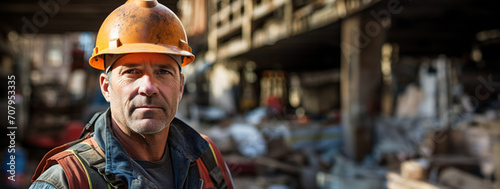 An experienced worker with stern expression, wearing hard hat, protective vest, stands on noisy construction site, harsh reality of labor. Precautions. Construction of buildings. Banner. Copy space