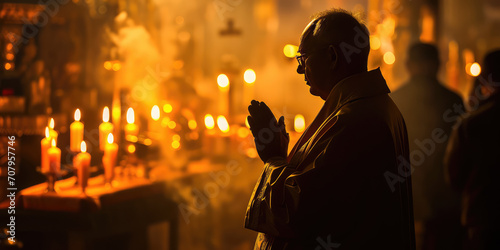 Mature man in a church prays in a prayer gesture. Man in prayer, church interior. Contemplative Prayer.