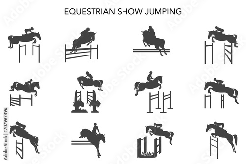 Set of silhouettes, equestrian sports, show jumping, vector illustration