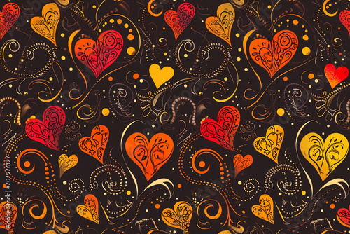 This image showcases a richly decorative pattern with hearts in various sizes, featuring a warm color palette of red, orange, and yellow on a dark background, all intertwined with ornate swirls and do