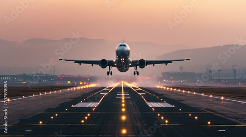 The image shows a commercial airplane lifting off from the runway with its landing gear still visible, against a backdrop of a dusky or sunrise sky.