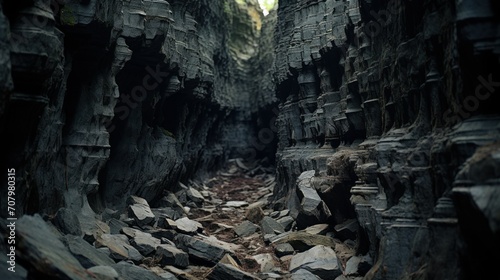 Mystical Basalt Column Cave Entrance. The entrance to a shadowy cave flanked by natural basalt columns, evoking a sense of ancient mystery and geological wonder