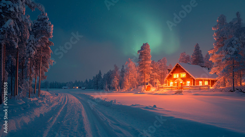 Cabaña Escandinava en Noche de Aurora Boreal