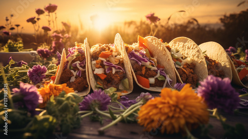 Product photograph of mexican tacos in the snow In a winter forest. Sunlight. Orange color palette. Food. 