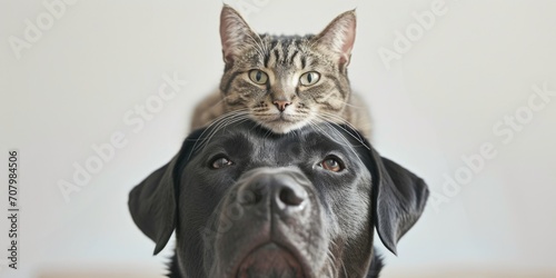 A cat is sitting on top of a dog's head. This image can be used to depict an unlikely friendship between different animals