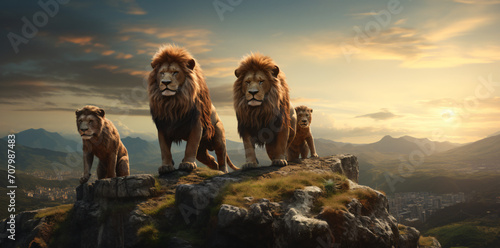 The four lions on top of a mountain, in the style of photo-realistic landscapes, tranquil landscapes, romantic: dramatic landscapes