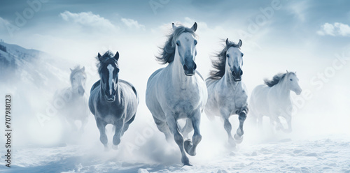 Horses running in the snow background wallpaper, in the style of photorealistic technique, misty atmosphere, photo taken with provia, wimmelbilder, white and azure
