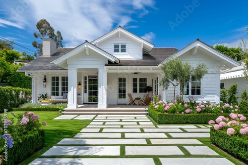 Colonial style white wooden cladding family house exterior. Beautiful front yard landscaping design with lawn and flower bed.