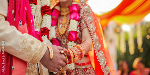 Indian Hindu Couple holding each other hands during their marriage symbolising love and affection. Hands of bride is decorated beautifully by indian mehndi art alongwith jewellery and colorful bangles