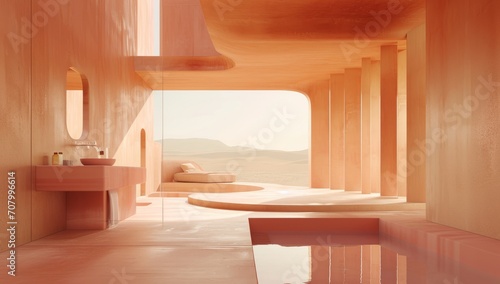 abstract landscape on a bathroom room, minimal style and furniture, a large window and the desert outside, peace and calm pink and beige color palette