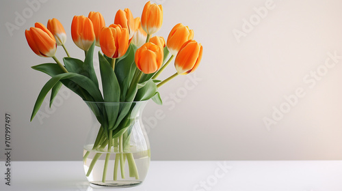 Orange and white tulips in a glass vase