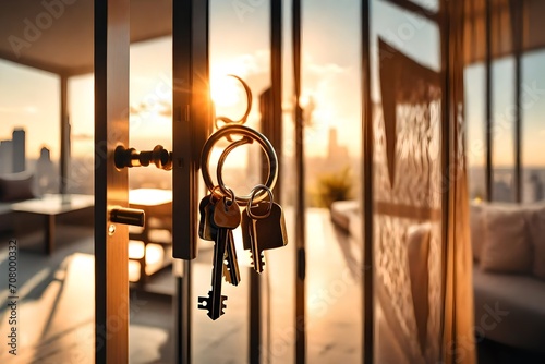 Close-up shot of keys inside the lock of an apartment door against the out-of-focus modern living room with lots of light in a city at sunset. 