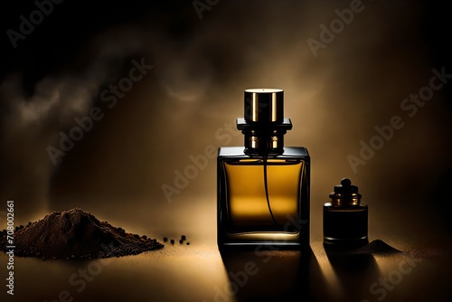 expensive and elegant square perfume spray bottle presentation , black and golden tones , masculine cosmetics