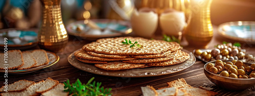 Warm and inviting Passover table setting featuring Matzah, wine, and nuts, highlighting the richness of Jewish traditions during the festive season.