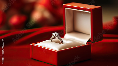 Engagement ring in a red box on a served table for Valentine's Day, birthday, anniversary, wedding close up