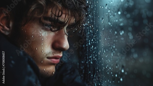 A pensive young man is looking through a raindrop-covered window, showing a sense of melancholy or deep contemplation.