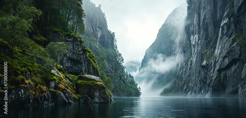 A panoramic perspective of a misty fjord with steep cliffs and calm waters