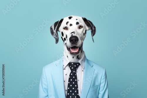 animal pet dog concept Anthromophic friendly Dalmatian boss dog wearing suite formal business suit pretending to work in coporate workplace studio shot on plain color wall