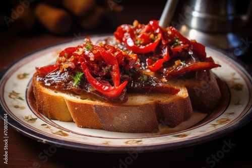 Red peppers with great anchovies on a slice of bread. Typical Spanish food.