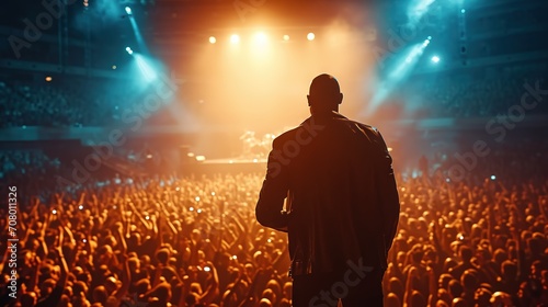A performer is standing on stage with their back to the camera, facing a large crowd under bright stage lights.