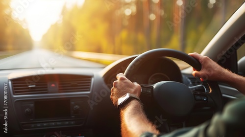 The image shows a person's hands on a steering wheel, driving a car on a sunny road surrounded by trees.
