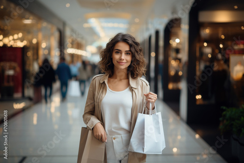 Indoor studio shot of shopping and sale concept. Black Friday. Extremely happy satisfied beautiful smiling female woman in white shirt standing in a shopping mall. Discounts, good purchases