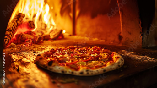 The pizza is cooked in a wood-burning oven. in an old cafe in the city center, the concept of a small local business, an idea for a banner or advertisement