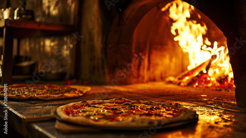 Two freshly baked pizzas by a wood-burning oven, pizza cooking in an old cafe, traditional small business concept and fresh pizza delivery