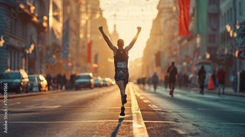 A runner crossing the finish line of a marathon arms raised in victory and happiness.