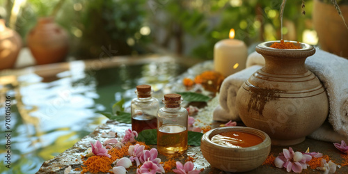 Health and ayurveda massage, skincare, spa or relaxation concept. Ayurvedic spa and relax with natural aromatherapy treatment in a nature for luxury or wellness on wooden tray