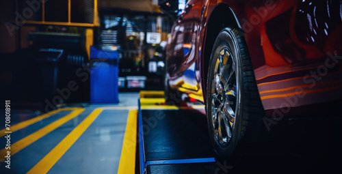 Closeup of Car wheel in garage of auto repair service shop.