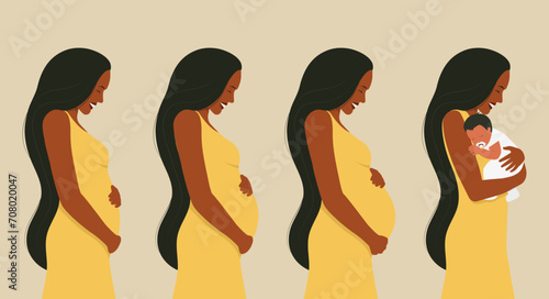 Pregnancy stages. Happy smiling beautiful woman in the first, second, and third trimesters of pregnancy and with a newborn baby. Vector illustration. Flat style. Isolated on a white background.