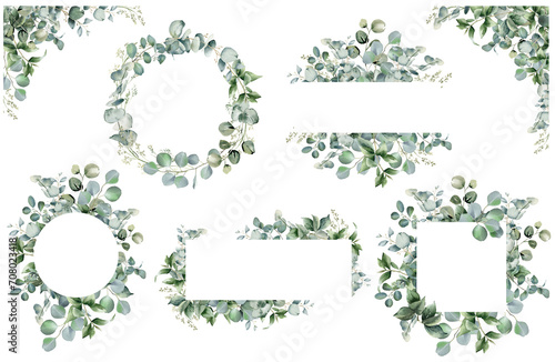 Eucalyptus watercolor illustration. Set of trendy greenery frames. Sage green border. Elegant foliage design for wedding, card, invitation, greeting on transparent background