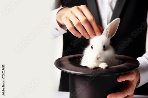 A magician takes out a white rabbit from a black hat on a white background closeup. ai generative