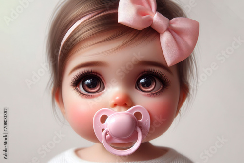 photo of a cute baby girl with big eyes and pink pastel bow sucking a pacifier on a white background. ai generative