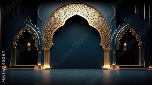 Illustration of Ramadan Kareem background with mosque Islamic style arches and Arabic patterns.