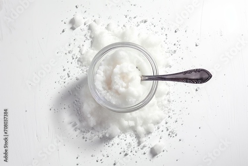 Top view of hydrolyzed collagen powder in a glass bowl with spoon on a white background