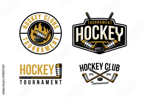 hockey logo label and emblem set collections with crest stick and puck vector for hockey tournament 