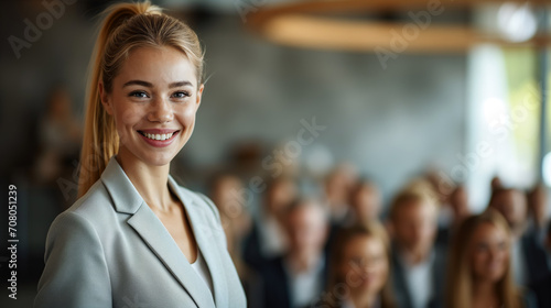 Porträt. Selbstbewusste, lächelnde Business Frau mit positiver Ausstrahlung vor einem Publikum im unscharfen Hintergrund 