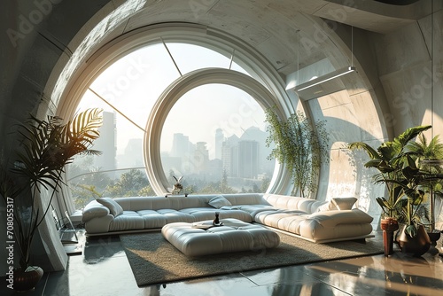 Zoom background: a futuristic penthouse living room with large round window