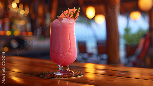 A delicious tropical pink colored alcoholic drink sitting on a coaster at a tiki bar in a tropical resort location, advertising for drinks, free copy space