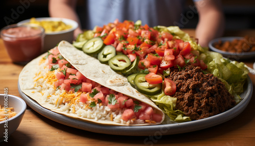 Freshness on a plate grilled meat, taco, guacamole, and vegetables generated by AI