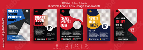 Editable Gym and fitness workout print flyer or poster set and personal sports training leaflet template design pack with black and red background